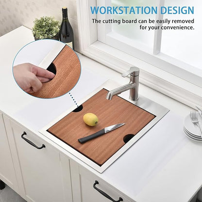 VAPSINT 15x20 Inch Drop In Bar Sink Workstation, 15x20x9 Topmount T304 Stainless Steel Small Kitchen Bar Sink, Handmade Single Bowl Basin for Laundry Wet Bar Prep RV Outdoor with Accessories