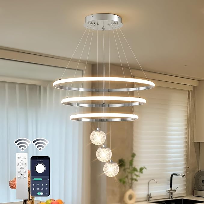 ORANOOR LED Modern 3 Ring Chandeliers for Dining Room, 24in Dimmable Kitchen Pendant Lamp, Silver Dining Room Light Fixtures Ceiling Hanging Over Table, Globe Round Chandeliers for Living Room, Chrome