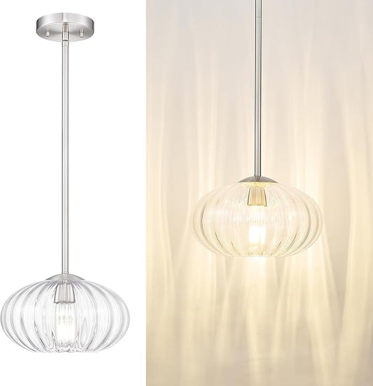 FEMILA 10.3" Modern Pumpkin Glass Pendant Lights Kitchen Island, Brushed Nickel Antique Chandelier, Hanging Light Fixture for Bedroom Hotel Living Room, 4FYD85MIL BN