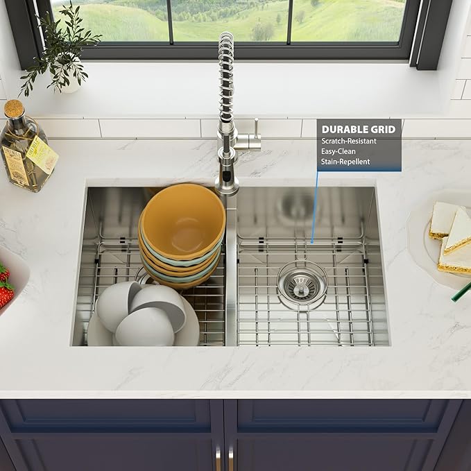 28 Inch Undermount Double Bowl Kitchen Sink 16 Gague 304 Stainless Steel Double Handmade Sinks 50/50 Large Deep Double Bowl Sinks 28"x19"x10"