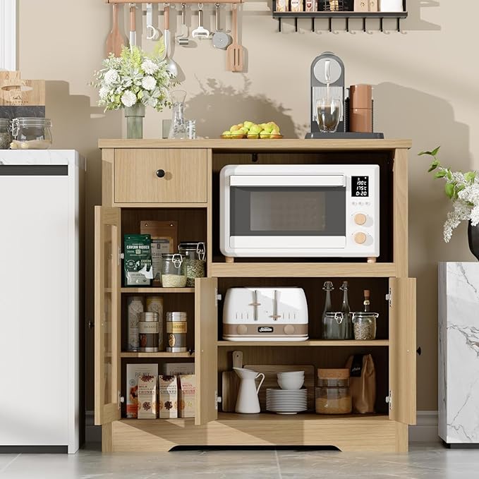 Storage Cabinet with Adjustable Shelves & Microwave Stand, Buffet Sideboard with Drawer, Single and Double Doors for Kitchen, Dining Room, Natural