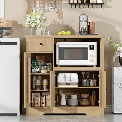 Storage Cabinet with Adjustable Shelves & Microwave Stand, Buffet Sideboard with Drawer, Single and Double Doors for Kitchen, Dining Room, Natural