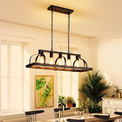 WUZUPS 5-Light Metal Chandelier Linear Pendant Ceiling Lighting Rustic Farmhouse Fixture Kitchen Island Dining Room, H 8.5" L 31.5" W10, E26 Base, Black