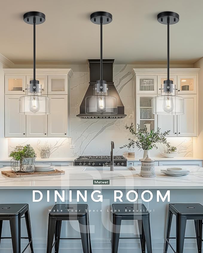 2 Pack Pendant Lights Kitchen Island, 6" Matte Black Pendant Light Fixtures Over Island with Clear Glass Shade, Modern Kitchen Island Lighting for Dining Room Entryway, PL124-MB-G-2PK