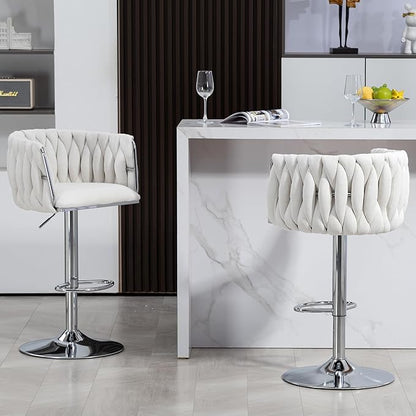 360° Fabric Cover Swivel Bar Stools Set of 2, Adjustable Counter Height Bar Chairs with Woven Back Footrest,Silver Chromed Bar Stools for Kitchen Island, Cafe, Pub (Beige)