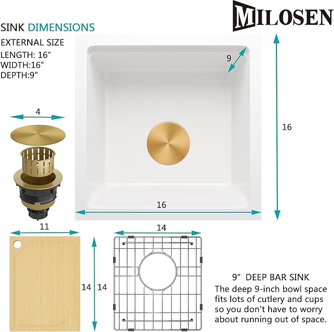 MILOSEN White Undermount Bar Sink, 16×16 Inch Small White Granite Composite Wet Bar or Prep Sinks with Cutting Board, 9 Inch Deep Outdoor Single Bowl Small Workstation Sink with Gold Accessories
