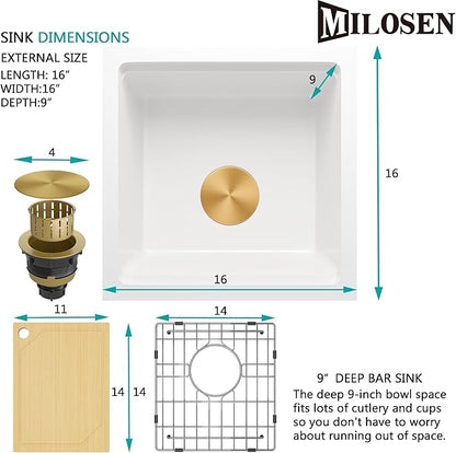 MILOSEN White Undermount Bar Sink, 16×16 Inch Small White Granite Composite Wet Bar or Prep Sinks with Cutting Board, 9 Inch Deep Outdoor Single Bowl Small Workstation Sink with Gold Accessories