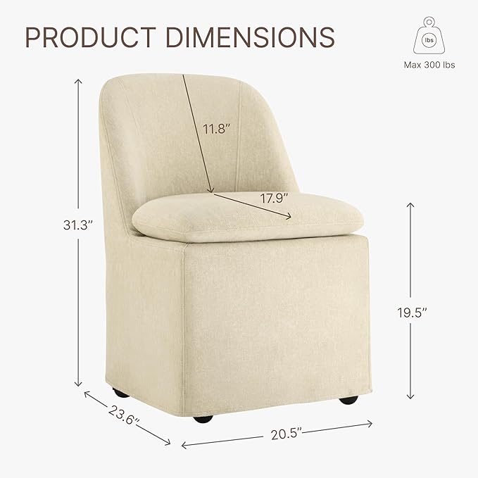 KISLOT Upholstered Dining Chairs Set of 2 with Casters, Modern Side Armless Deskchair with Washable Slipcover & Sturdy Metal Frame for Diningroom Bedroom Livingroom Reading Room, Sand Fabric