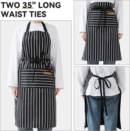 NLUS 2 Pack Kitchen Cooking Aprons, Adjustable Bib Soft Chef Apron with 2 Pockets for Men Women(Black/Brown Stripes)