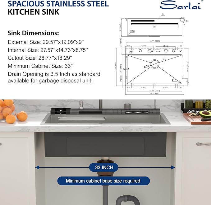 Sarlai 30 Inch Waterfall Kitchen Sink - 30x19 Inch Drop In Workstation Sink With Waterfall Stainless Steel 16 Gauge Multifunction Single Bowl Top Mount Kitchen Sinks with HoneyComb Finish