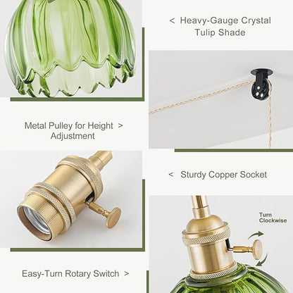 Plug in Pendant Light Fixtures, Hanging Light Fixture Vintage Glass Pendant Light, Mini Green Tulip Hanging Lamp, Pendant Lighting for Kitchen Island, Bedroom, Dining Room, Living Room