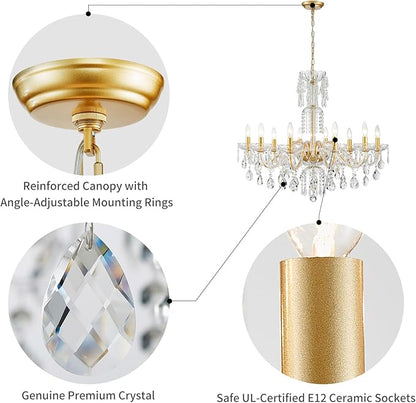 WUZUPS 10-Light Crystal Candle Chandelier Pendant Ceiling Light Modern Lighting Fixture for Bedroom Hallway Bar Kitchen Bathroom, H 26.7" W 33.9", E12 Base, Gold
