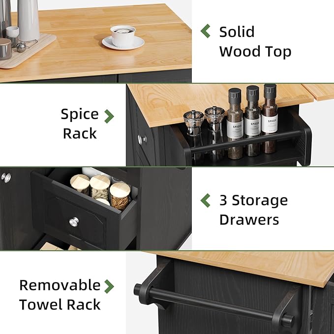 Rolling Kitchen Island Cart with Drop Leaf, Portable Kitchen Trolley with Storage Cabinet, Drawer, Shelf and Towel Bar, Breakfast Bar on Wheels for Home Use, Sleek Black