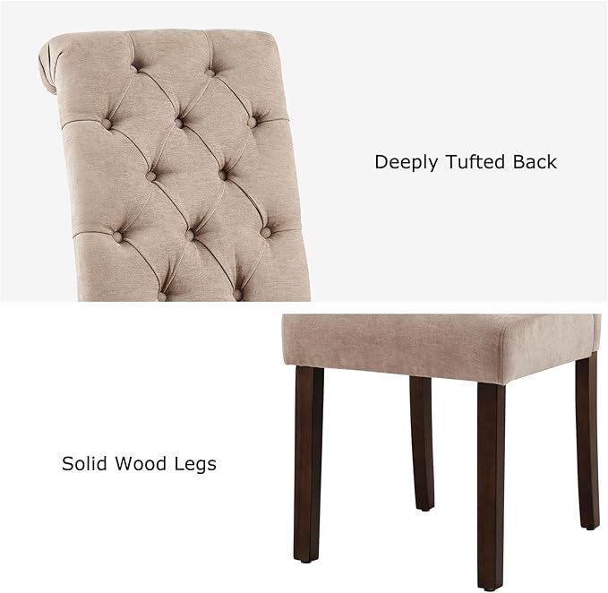 Tufted Dining Chairs Set of 2, Upholstered Parsons Dining Room Chairs, Fabric Kitchen Side Chair with Wood Legs, Taupe