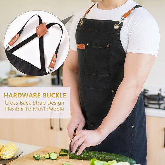 Aoomzoon Canvas Aprons for Men Chef Apron, Work Apron with Large Pockets - 16oz Heavy Duty Cross Back, BBQ, Cooking