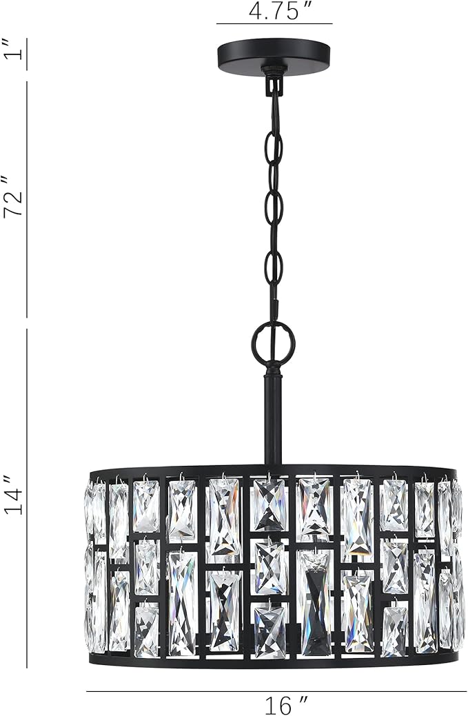 MEXO Farmhouse Crystal Convertible Chandelier and Semi Flush Mount Lighting Black Cylinder Drum Shade Pendant for Kitchen Island Dining Room Bedroom Hallway