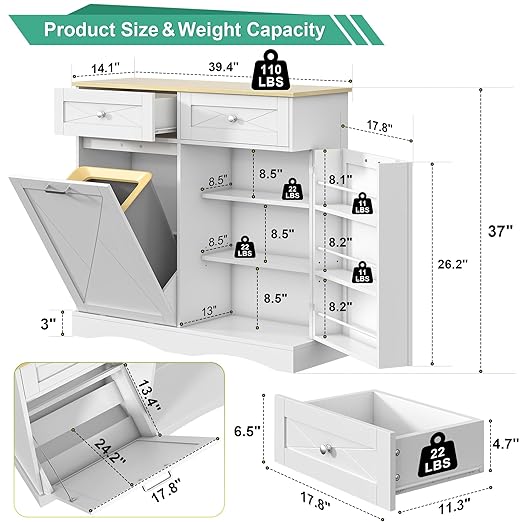 kepptory Tilt Out Trash Can Cabinet 12 Gallon, Pull Out Trash Can Storage Cabinet with 2 Drawers & Countertop, White Kitchen Cabinet with Adjustable Shelf, for Kitchen Pantry, Modern Farmhouse