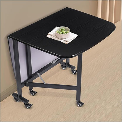 Folding Dining Table, Moveable Kitchen Desk with Wheels, Foldable Dining Table, Space Saving Desk, for Restaurant Room, Kitchen, Living Room, Rustic and Black, Drop Leaf Dining Table with 6 Wheels