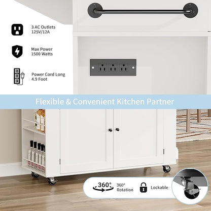 IDEALHOUSE Rolling Kitchen Island with Drop Leaf Countertop, Charging Station & Ample Storage - 47.2" Mobile Kitchen Cart On Wheels with Pull-Out Shelves, Drawers, Spice Rack & Organizer Divider