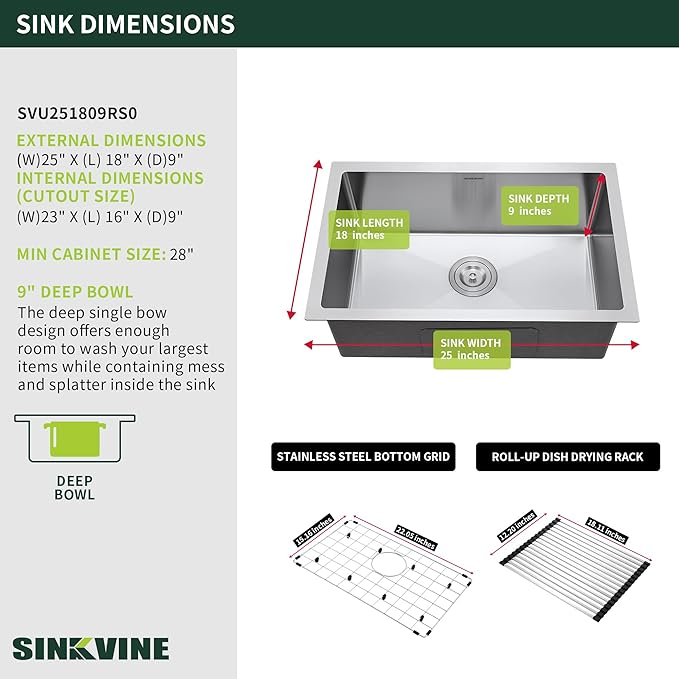 25-inch Undermount Kitchen Sink, SINKVINE Stainless Steel Single Bowl Indoor and Outdoor Sink for Laundry RV, with 3.5-inch Drain Strainer, Bottom Grid Protector, Roll-up Drying Unit, 25 x 18