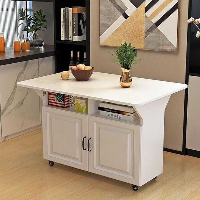 Folding Dining Table, Multi-Purpose Dining Table, 2 Level lockers, Removable Kitchen Table with Pulley, Suitable for Small Space Restaurant Kitchens (White)