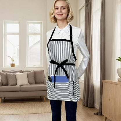 Kitchen Apron with 3 Pocket, Adjustable Server Apron, Waitress Apron with Pockets Stripes