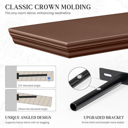 Fun Memories Floating Shelves 32 Inch Long, 9.3 Inch Deep Classic Crown Molding Floating Shelves for Wall, Rustic Wooden Shelves for Wall Decor Bathroom, Kitchen, Office, (Walnut, 2Pack)