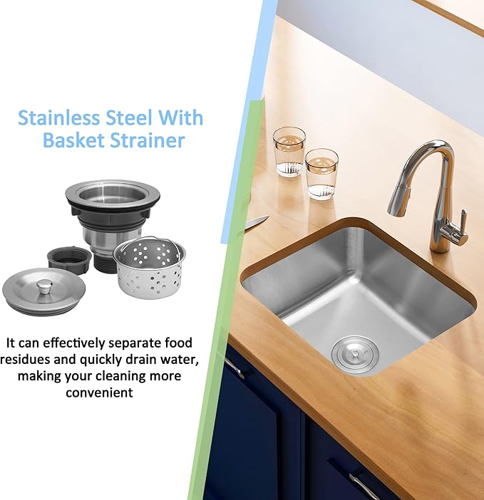 Bar Sink, 18" x 16" x 8" Undermount Kitchen Sink,T-304S Stainless Steel RV Kitchen Sinks, Small Kitchen Sinks With Sink Drain Strainer, Use at Rv, Bar,Outdoor, Laundry and Utility,Bathroom