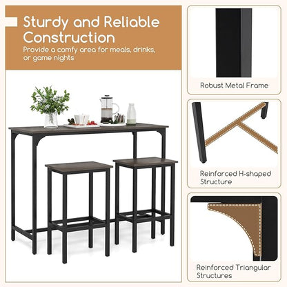 COSTWAY 3-Piece Dining Table Set, 47.5" Industrial Counter-Height Kitchen Table and 2 Bar Stools, High Top Rectangular Pub Table and Chairs for Dining Room Small Place Breakfast Nook Bistro (Grey)