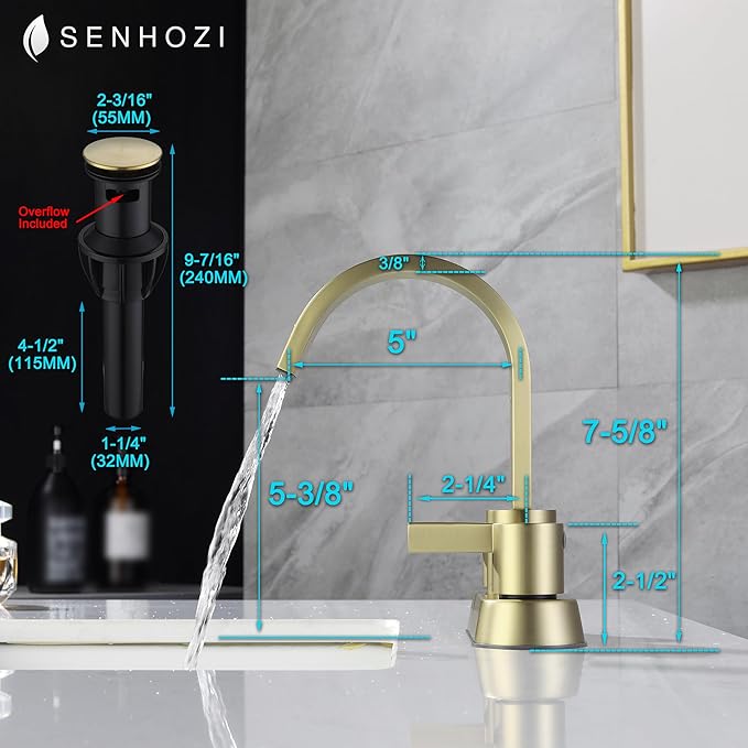 Bathroom Sink Faucet 3 Hole Brushed Gold, 2 Handle 4 Inch Centerset Stainless Steel Bathroom Faucet with Pop up Drain and 2 Supply Lines, SE-0048-BG