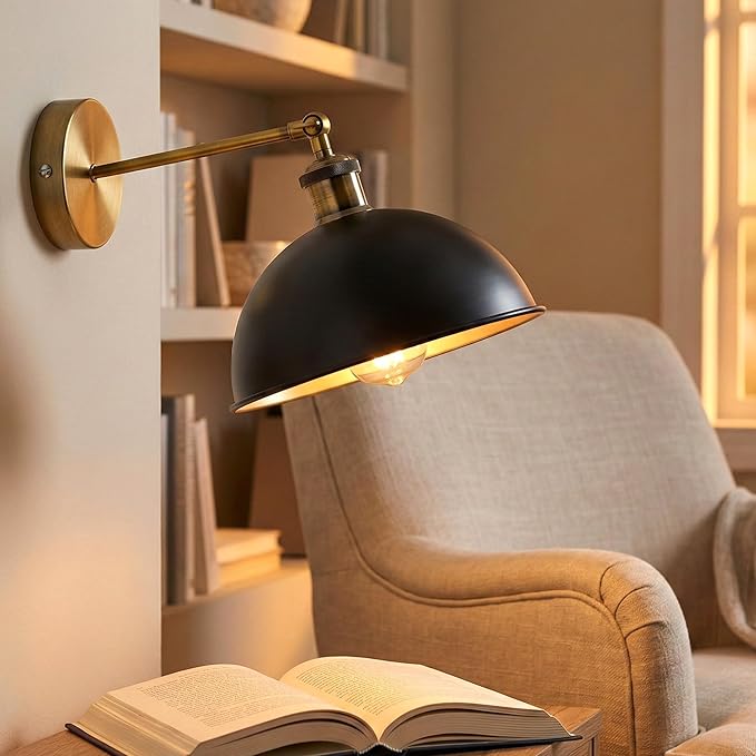 Dome Metal Wall Sconce, 180° Adjustable Industrial Wall Lamp for Bedside, Study, Kitchen, and Living Room Décor. (Black Inner White.)