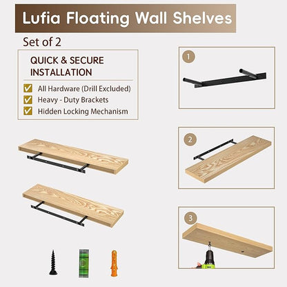 Lufia Floating Wall Shelves, Set of 2, MDF with Invisible Brackets, Modern Storage for Bedroom, Bathroom, Living Room, Kitchen (Oak, 28" W x 7" D x 1.5" H)