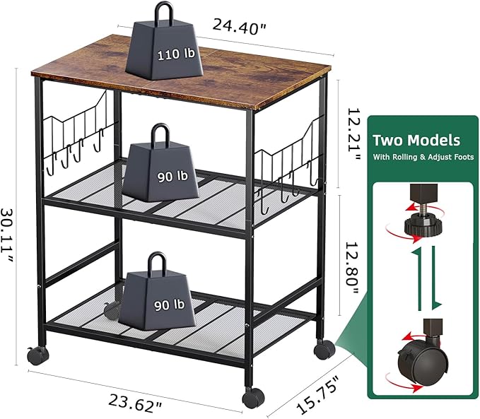 Toutrop Rolling Kitchen Microwave Cart with Wheels, 3 Tier Microwave Storage Cart with Adjustable Shelves, Coffee Table, Utility Cart for Kitchen, Living Room, Office, Laundry Room