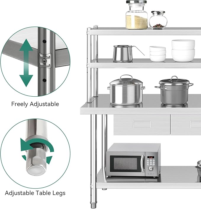 YITAHOME 72"x24" Stainless Steel Work Table with 3 Drawers & Upper Shelf, NSF-Certified Commercial Metal Table with 72"x12" Overshelf, Utility Prep Station