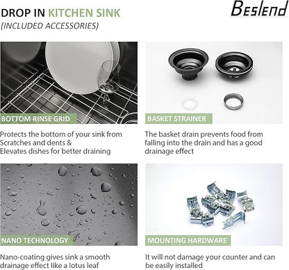 30 Inch Drop-in Sink - Beslend 30”x22”x10” Stainless Steel Gunmetal Black Topmount Kitchen Sink 16 Gauge 10 Inch Deep Single Bowl Kitchen Sink Basin