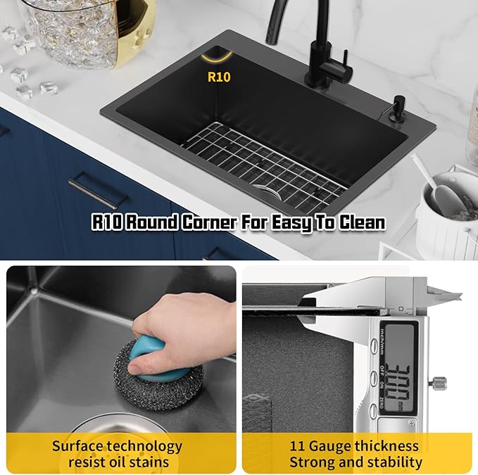Black Kitchen Sink,24x18 Inch Kitchen Sink Stainless Steel Drop In Kitchen Sink Topmount Stylish and Modern Look Sink With Bottom Grid,Silicon Mat And Drain Assembly Add Elegance & Enhance Usability