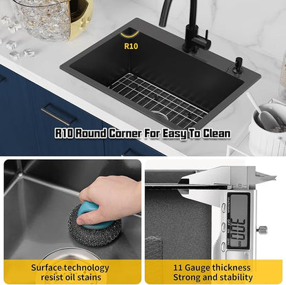 Black Kitchen Sink,24x18 Inch Kitchen Sink Stainless Steel Drop In Kitchen Sink Topmount Stylish and Modern Look Sink With Bottom Grid,Silicon Mat And Drain Assembly Add Elegance & Enhance Usability