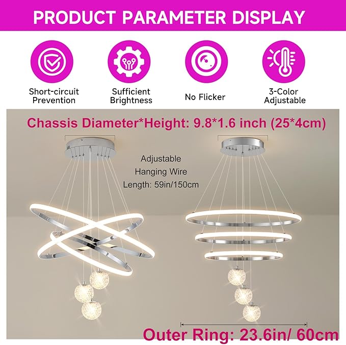 ORANOOR LED Modern 3 Ring Chandeliers for Dining Room, 24in Dimmable Kitchen Pendant Lamp, Silver Dining Room Light Fixtures Ceiling Hanging Over Table, Globe Round Chandeliers for Living Room, Chrome