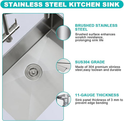 25 Inch Undermount Kitchen Sink, 304 Stainless Steel Single Bowl with Bottom Grid & Roll-Up Drying Rack, 9" Deep Handmade Utility Sink for Kitchen Laundry RV Outdoor (25"x18"x9")