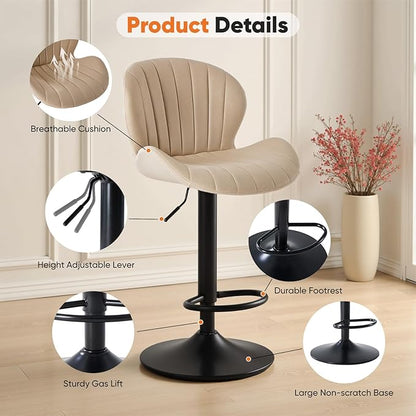 Sweetcrispy Bar Stools Set of 2, Modern Swivel Bar Chairs, Adjustable Fabric Upholstered Barstools Counter Height with Backrest for Bar, Kitchen Island, Dining Room, Beige