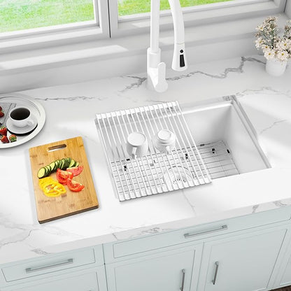 White Undermount Kitchen Sink 25 Inch - Drop In Granite Quartz Composite Workstation Sink - Deep Single Bowl,Dual Mount,with Accessories(White, 25.59" X 17.72")