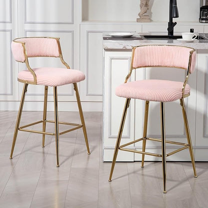 (Set of 2) 26'' Counter heightstools Corduroy Kitchen Island Counter Stool with Back,Golden Chromed Base and footrest,for Living Room