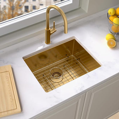 Gold Kitchen Sink 23x18 Inch Undermount Kitchen Sink 16 Gauge Stainless Steel Single Bowl with Accessories Round Corners Handmade