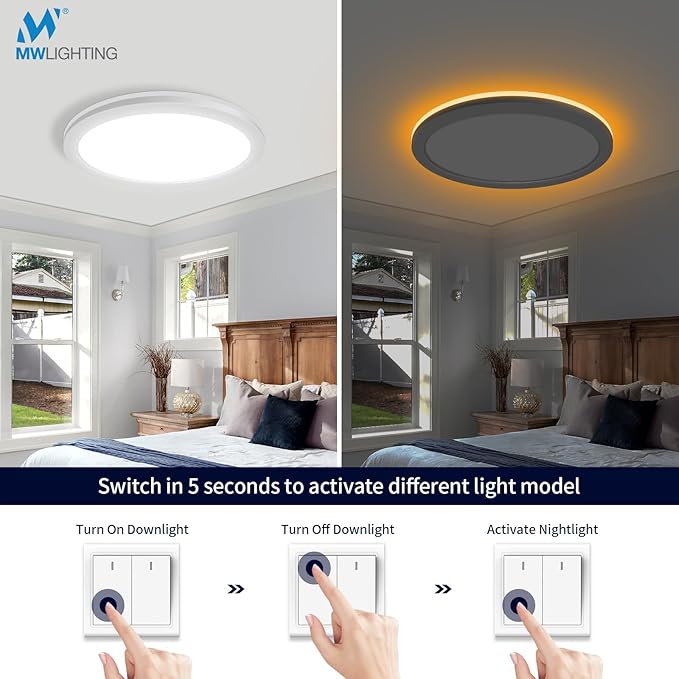 mw 4 Pack 12 Inch LED Flush Mount Ceiling Light Fixture with Night Light,24W, 120V, 2700K/3000K/3500K/4000K/5000K Selectable, Wired (No Remote),LED Ceiling Light with Night Light,ETL Certified
