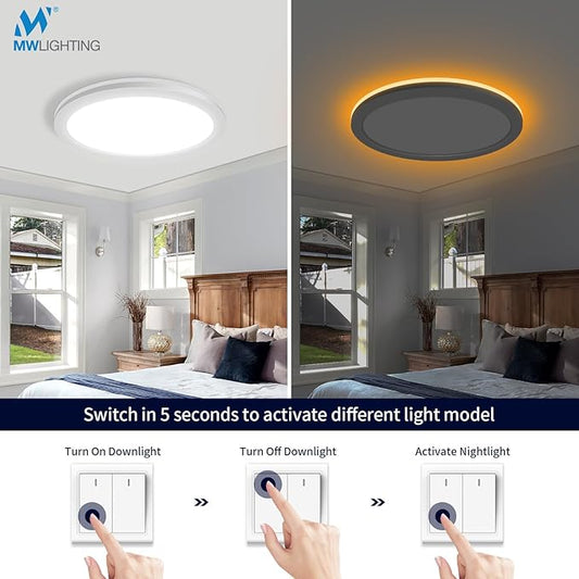 mw 4 Pack 12 Inch LED Flush Mount Ceiling Light Fixture with Night Light,24W, 120V, 2700K/3000K/3500K/4000K/5000K Selectable, Wired (No Remote),LED Ceiling Light with Night Light,ETL Certified