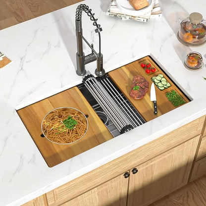 36 Inch Undermount Kitchen Sink, 16 Gauge Black Stainless Steel Single Bowl Sink, Workstation Kitchen Sinks with Cutting Board, Bottom Grid, Drying Rack, Mixing Bowl & Strainer #TLU-0042