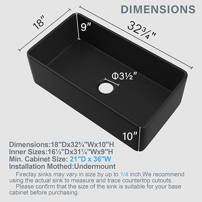 Black Farmhouse Sink 33 x 18 Inch, Single Bowl Firecaly Apron Front Undermount Farm Sink, with Accessories 2 Types, Matte Black, for Kitchen
