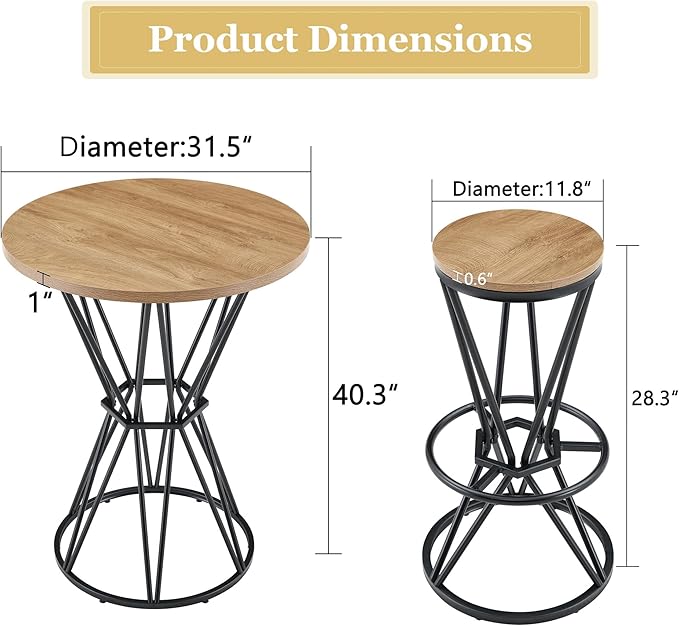 Industrial 3-Piece Bar Counter Set – 31.5" Round MDF Table & 2 Rust-Resistant Metal Bar Stools with Foot Pedals | Perfect for Small Apartments, Kitchen Islands, Home Bars (Black,Wood)