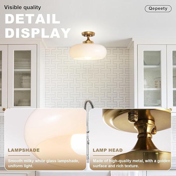 Mid Century Modern Semi Flush Mount Ceiling Light Fixture, Gold Chandelier with 11.02" Milk White Glass Shade, Vintage Close to Ceiling Lamp for Hallway, Entryway, Bathroom, Closet