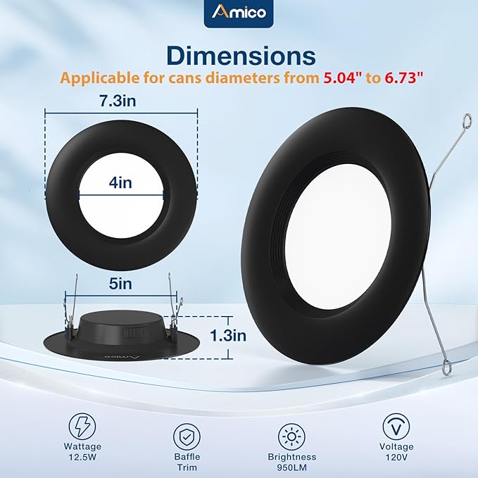 Amico 5/6 inch 5CCT LED Recessed Lighting 12 Pack, Dimmable, Damp Rated, 12.5W=100W, Can Lights with Baffle Trim, Retrofit Installation, ETL&FCC, Black